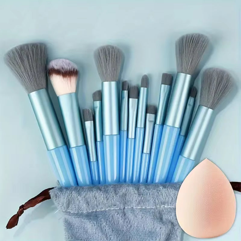 14-piece makeup brush set in blue, with blue pouch and blending sponge