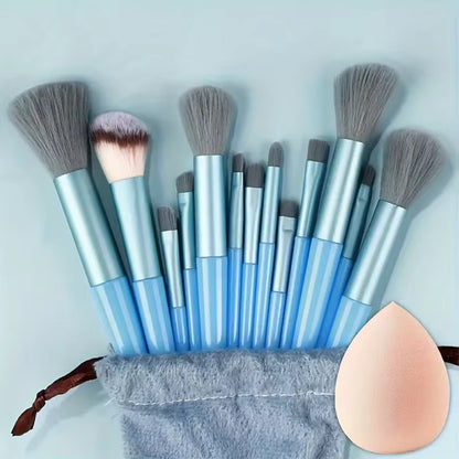 14-piece makeup brush set in blue, with blue pouch and blending sponge