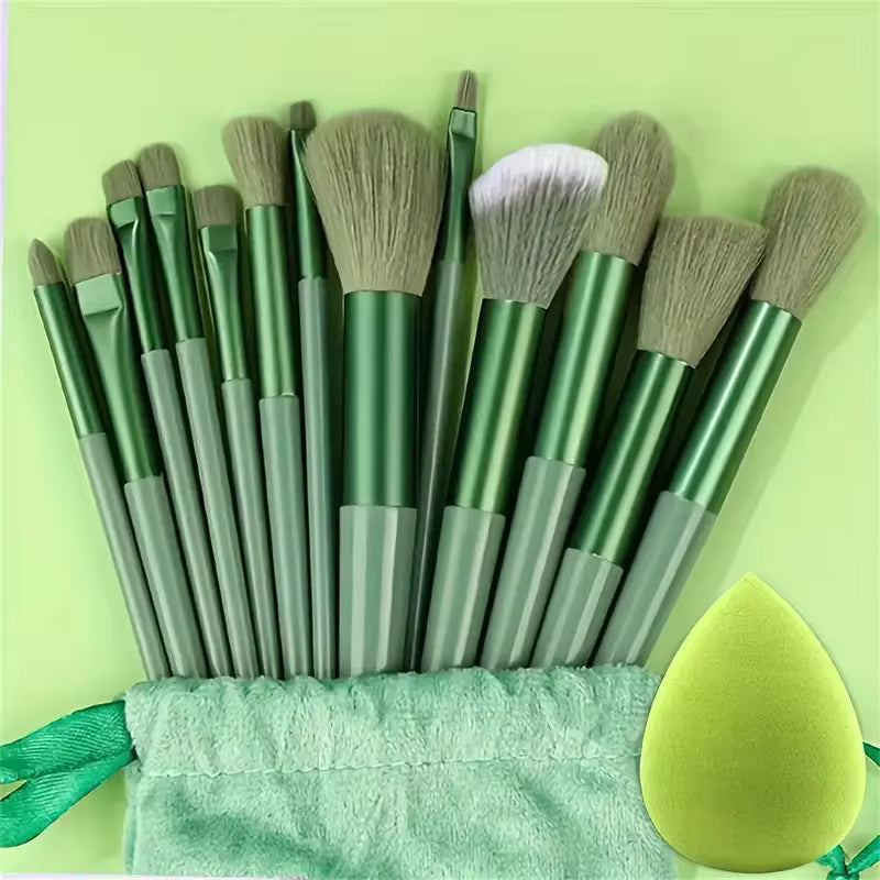 14-piece makeup brush set in green, with green pouch and blending sponge