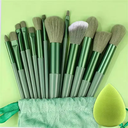 14-piece makeup brush set in green, with green pouch and blending sponge