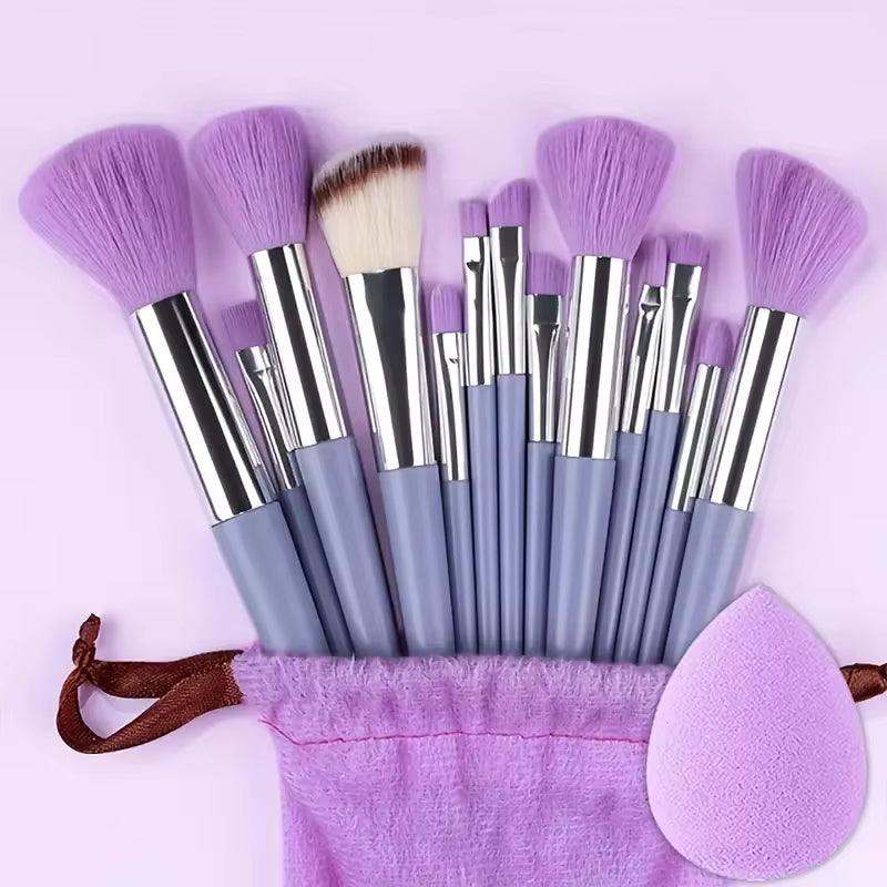 14-piece makeup brush set in purple, with purple pouch and blending sponge