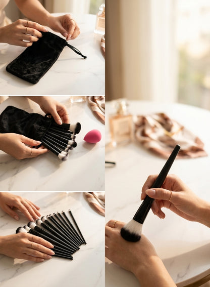 Hands unrolling velvet pouch and arranging makeup brushes on a marble table